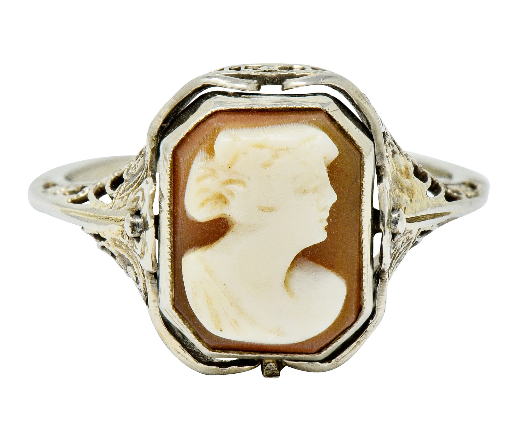 1929 Art Deco Onyx Shell Cameo 14 Karat White Gold Date Flip Ring