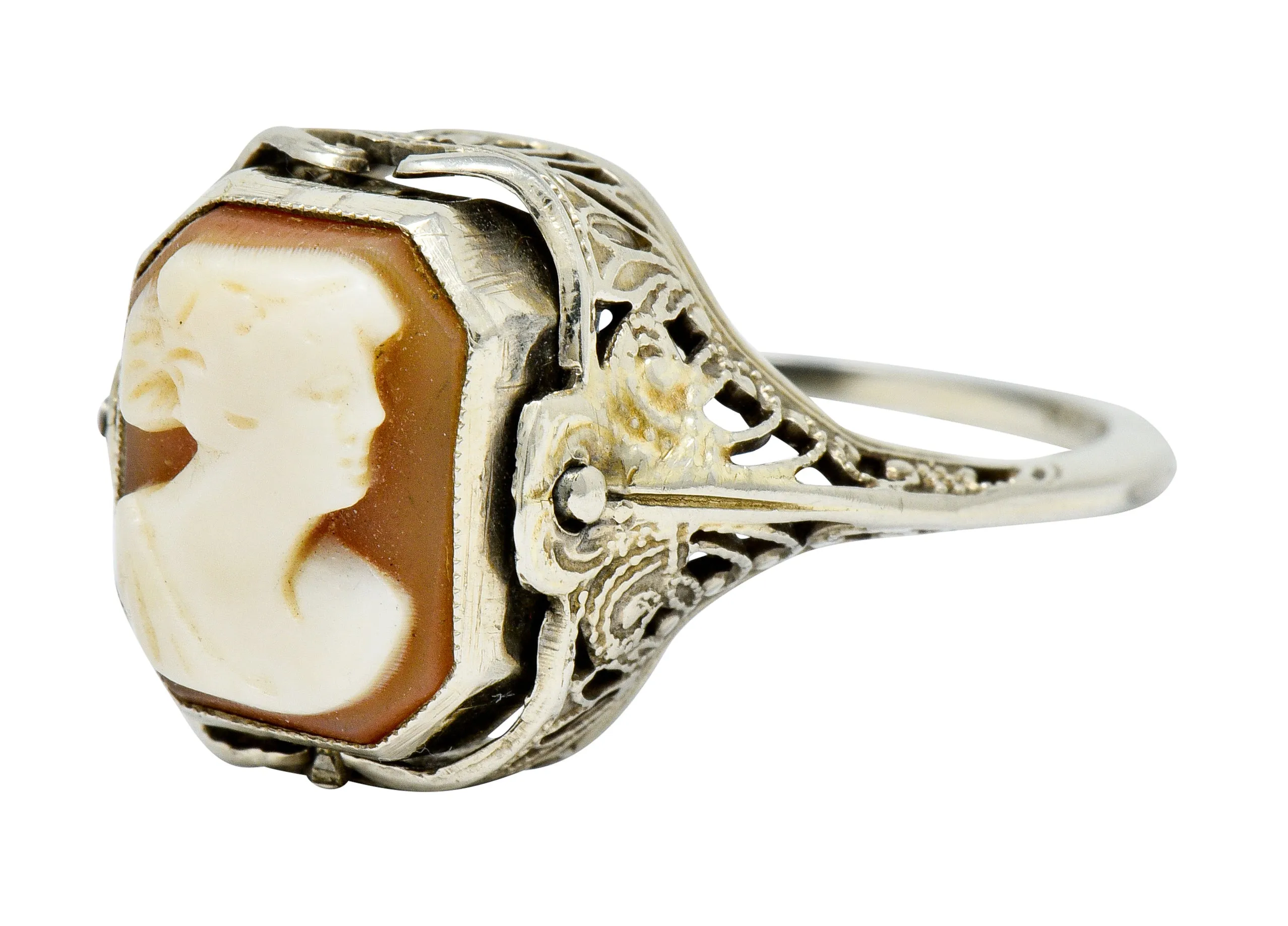 1929 Art Deco Onyx Shell Cameo 14 Karat White Gold Date Flip Ring