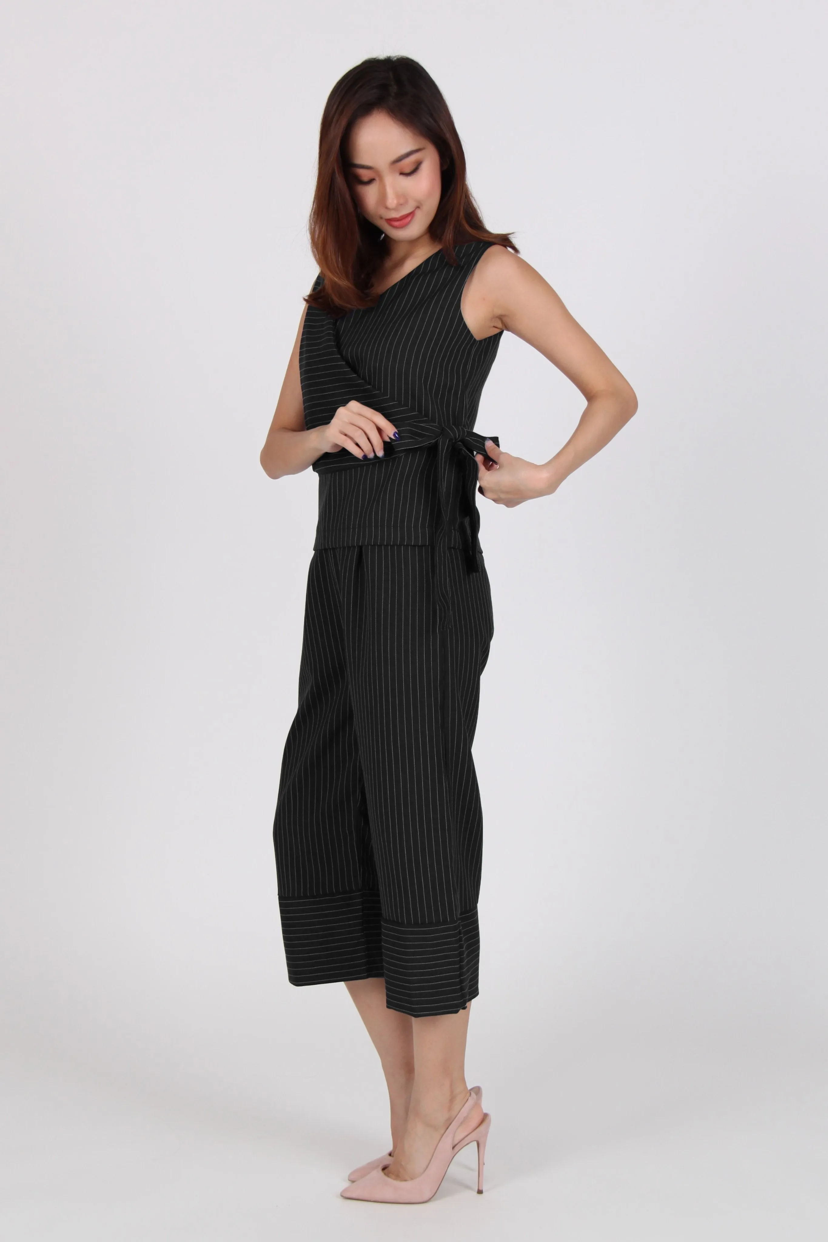 2 Piece Pinstripe Side Overlap Top with Culottes in Black