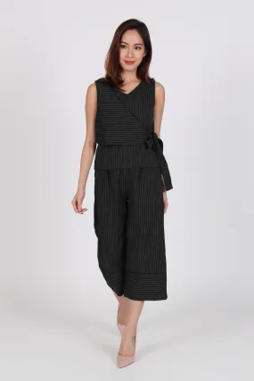 2 Piece Pinstripe Side Overlap Top with Culottes in Black