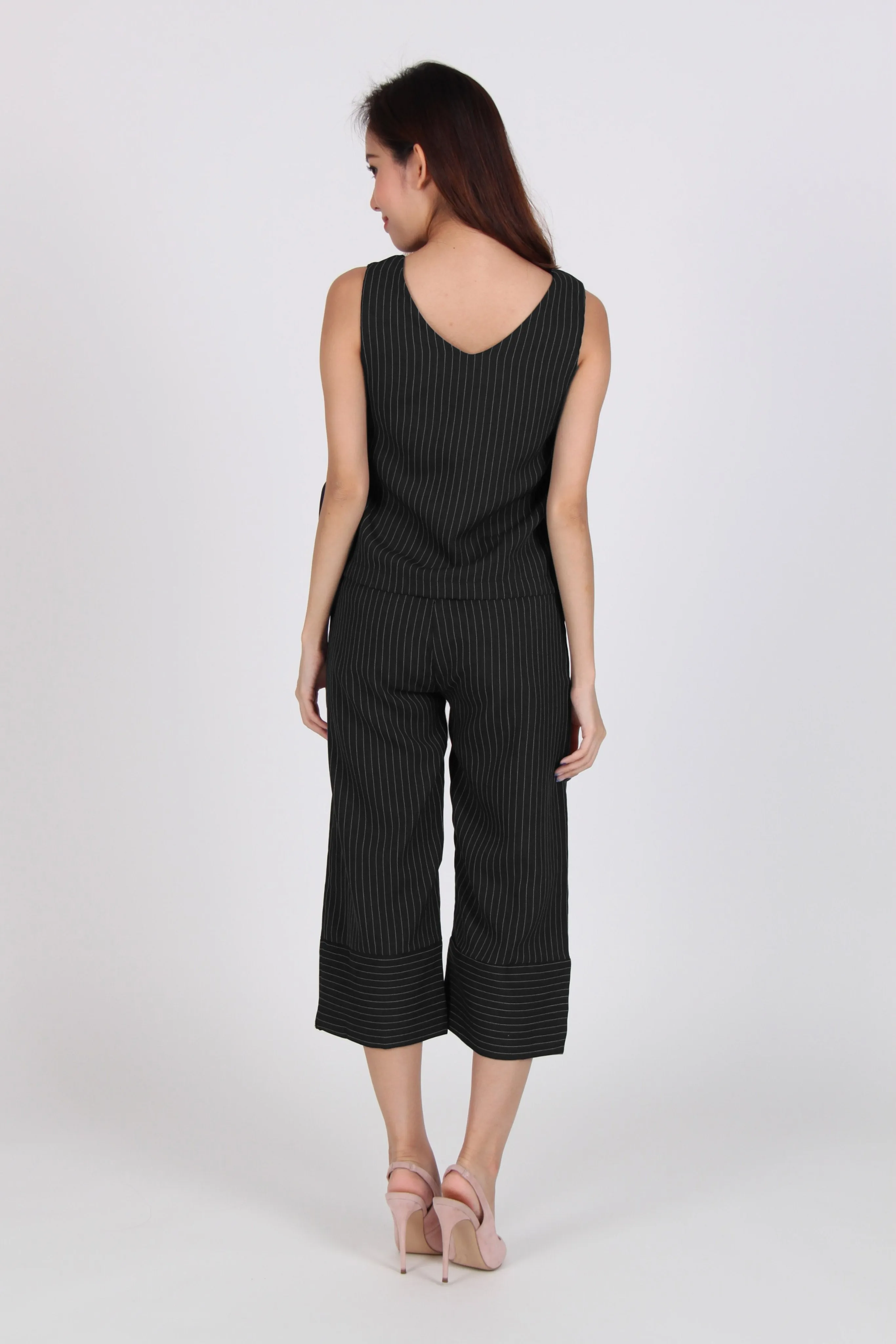 2 Piece Pinstripe Side Overlap Top with Culottes in Black