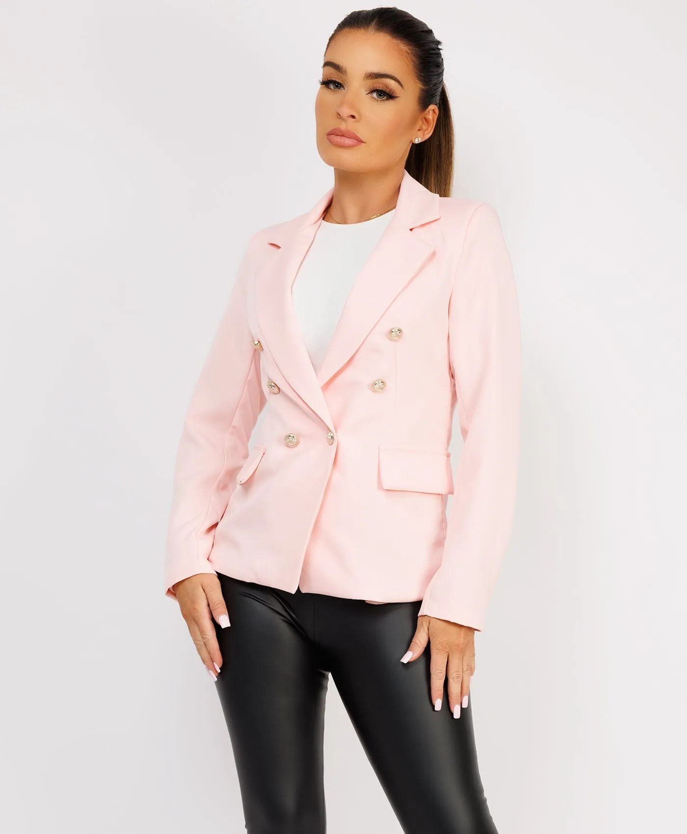 Baby Pink Double Breast Gold Buttons Elegant Blazer Jacket