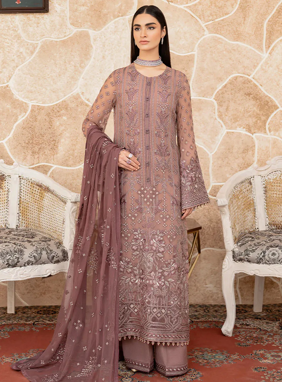 Best Of Flossie Luxury Embroidered Chiffon 3 Piece Unstitched Suit FS24LC D-610