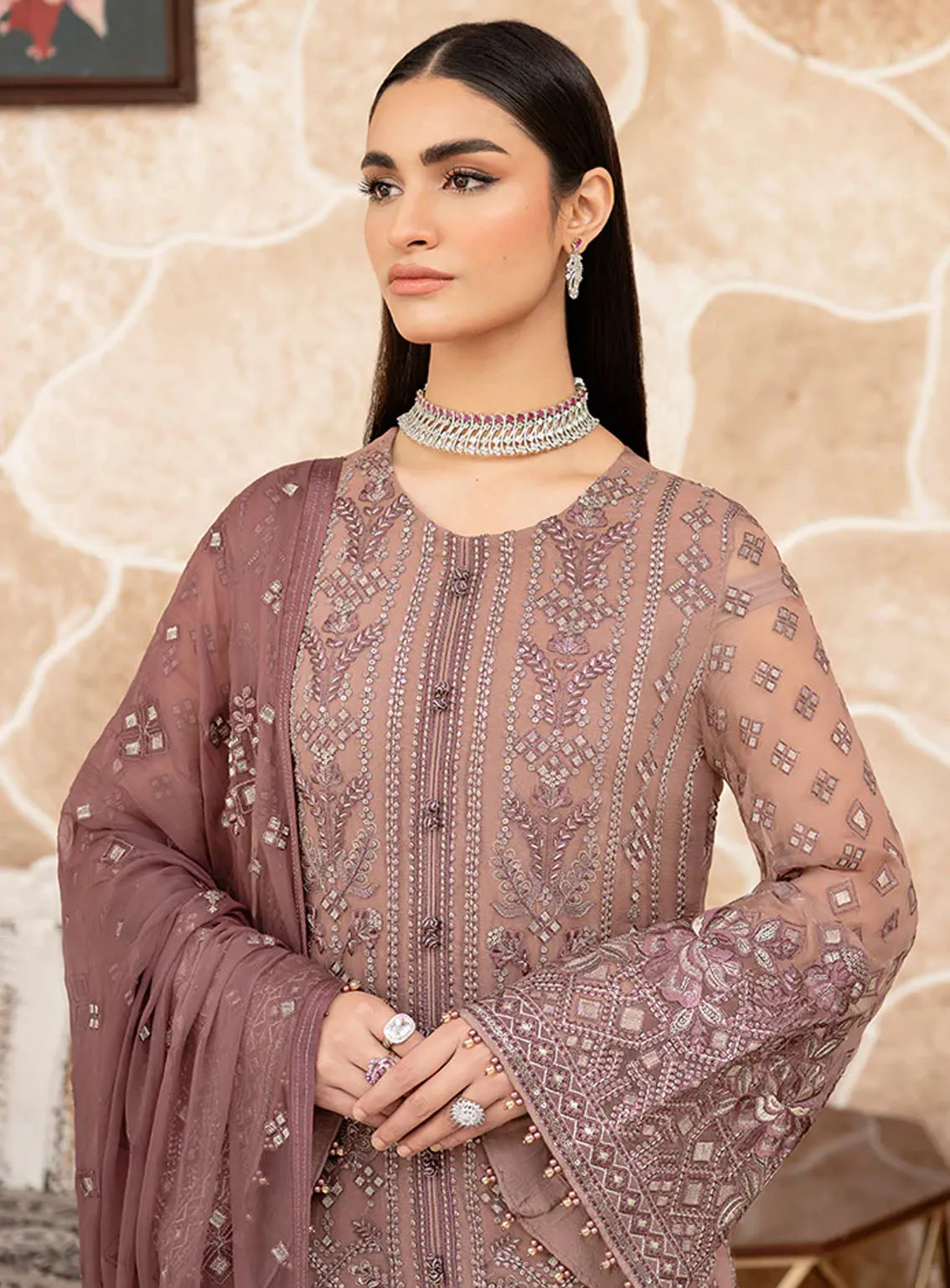 Best Of Flossie Luxury Embroidered Chiffon 3 Piece Unstitched Suit FS24LC D-610