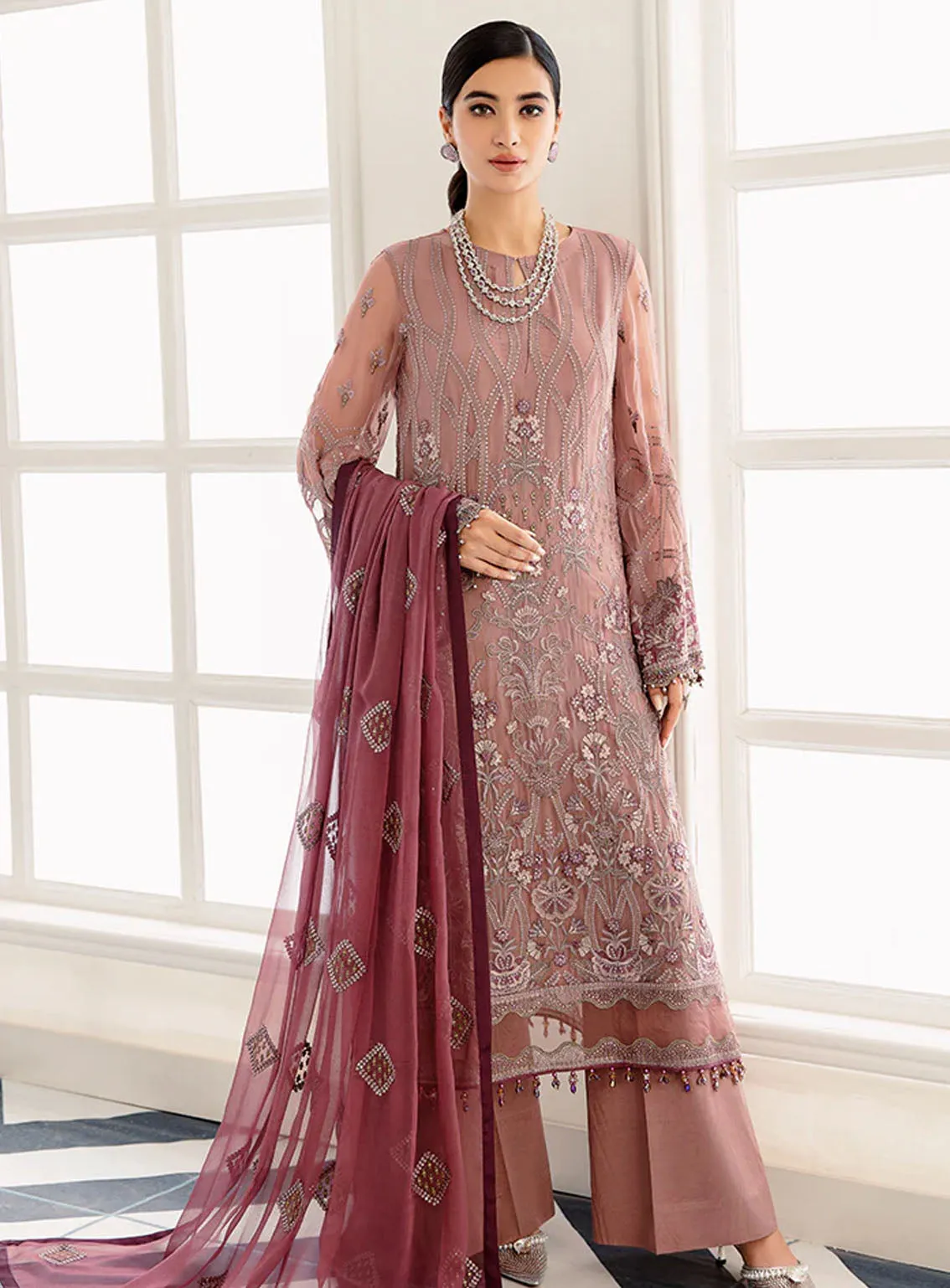 Best Of Flossie Luxury Embroidered Chiffon 3 Piece Unstitched Suit FS24SLC D-1109