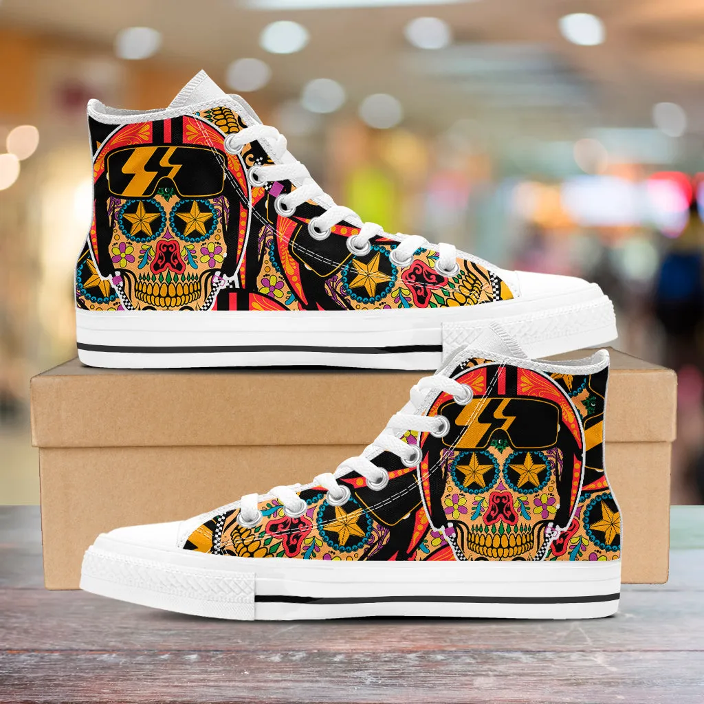 Biker Sugar Skull High Top Shoes White