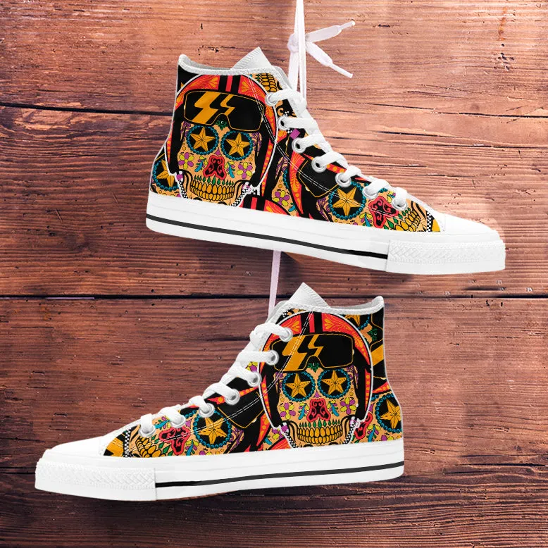 Biker Sugar Skull High Top Shoes White