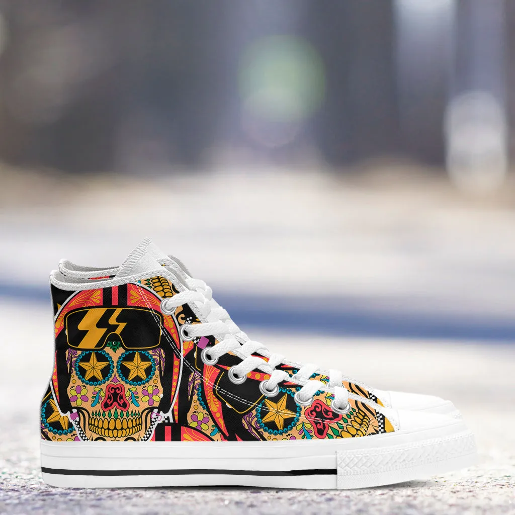 Biker Sugar Skull High Top Shoes White