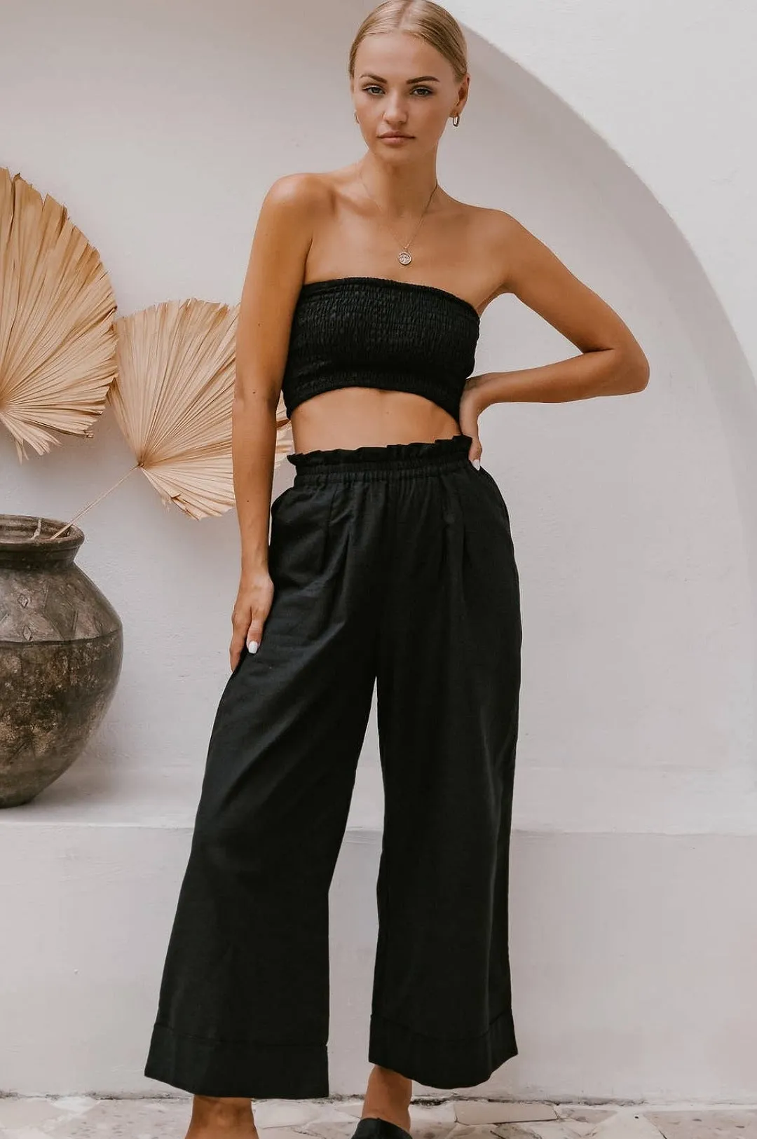 Black Linen Strapless Tube Top