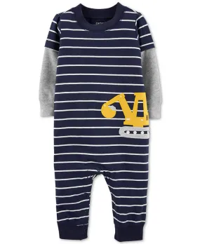 Carter's Baby Boy's Striped Construction Truck Cotton Jumpsuit Black Size 9MOS