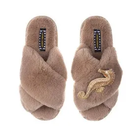 Classic Laines Slippers with Gold Seahorse Brooch in Camel