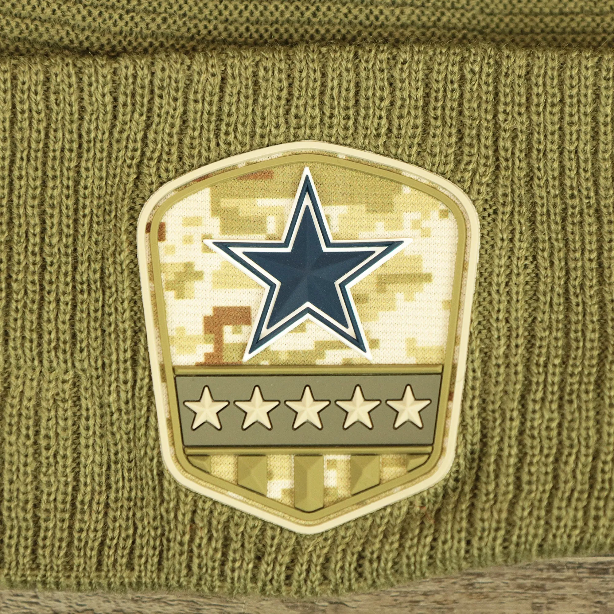 Dallas Cowboys Salute To Service Ribbon Rubber Military Cowboys Patch On Field NFL Beanie | Military Green Beanie