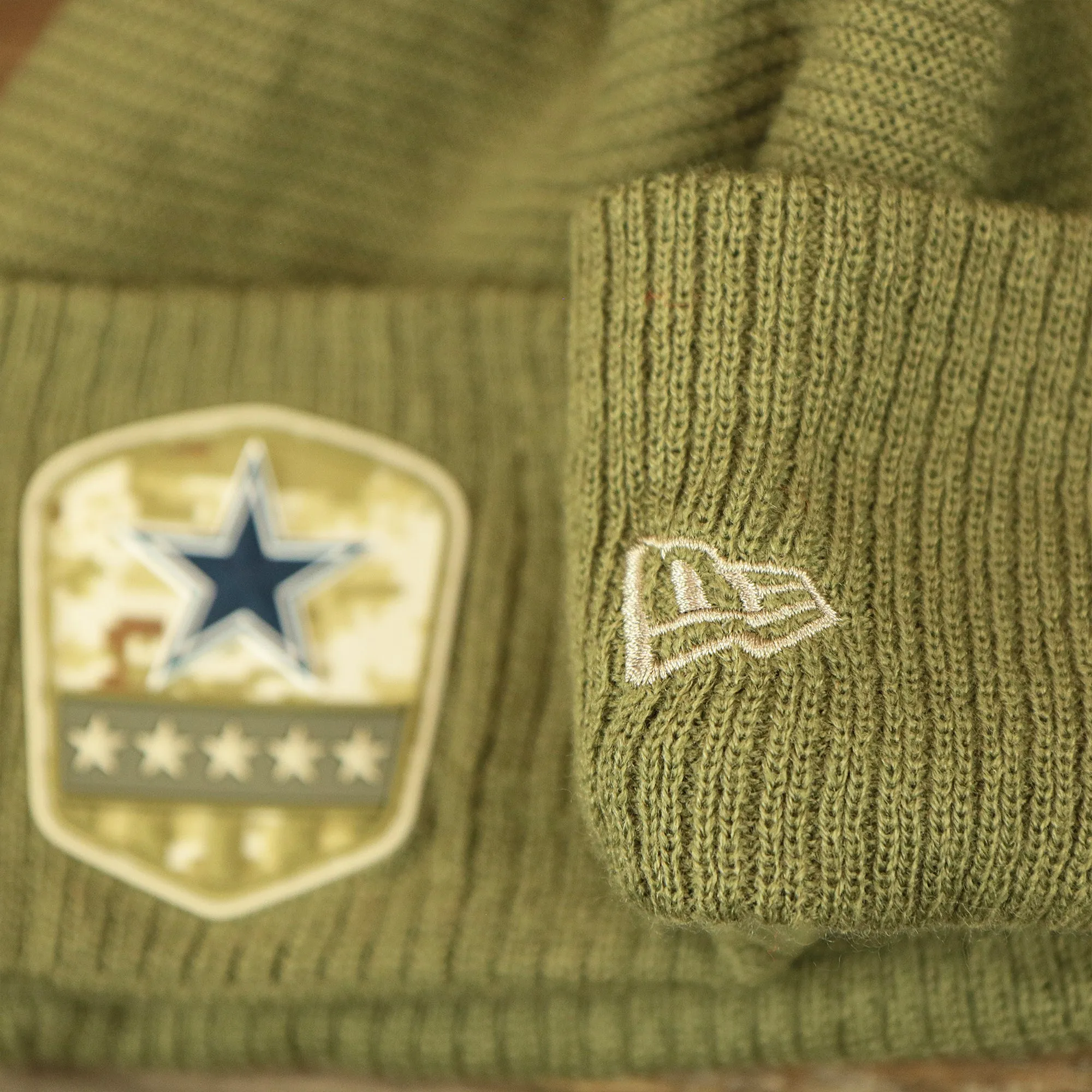 Dallas Cowboys Salute To Service Ribbon Rubber Military Cowboys Patch On Field NFL Beanie | Military Green Beanie