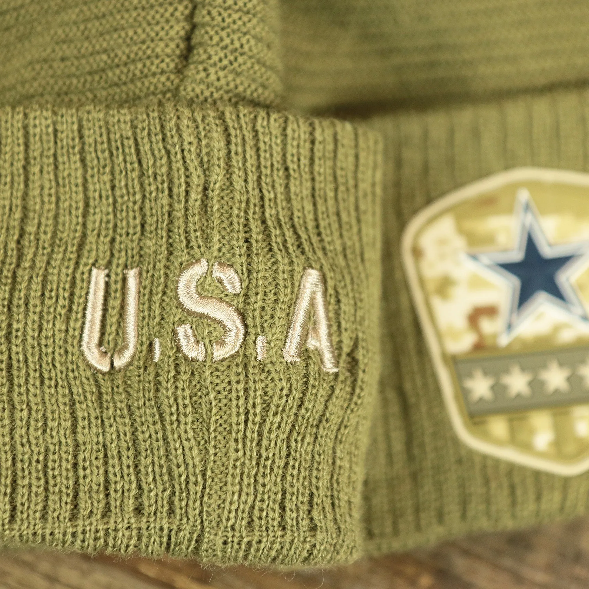 Dallas Cowboys Salute To Service Ribbon Rubber Military Cowboys Patch On Field NFL Beanie | Military Green Beanie