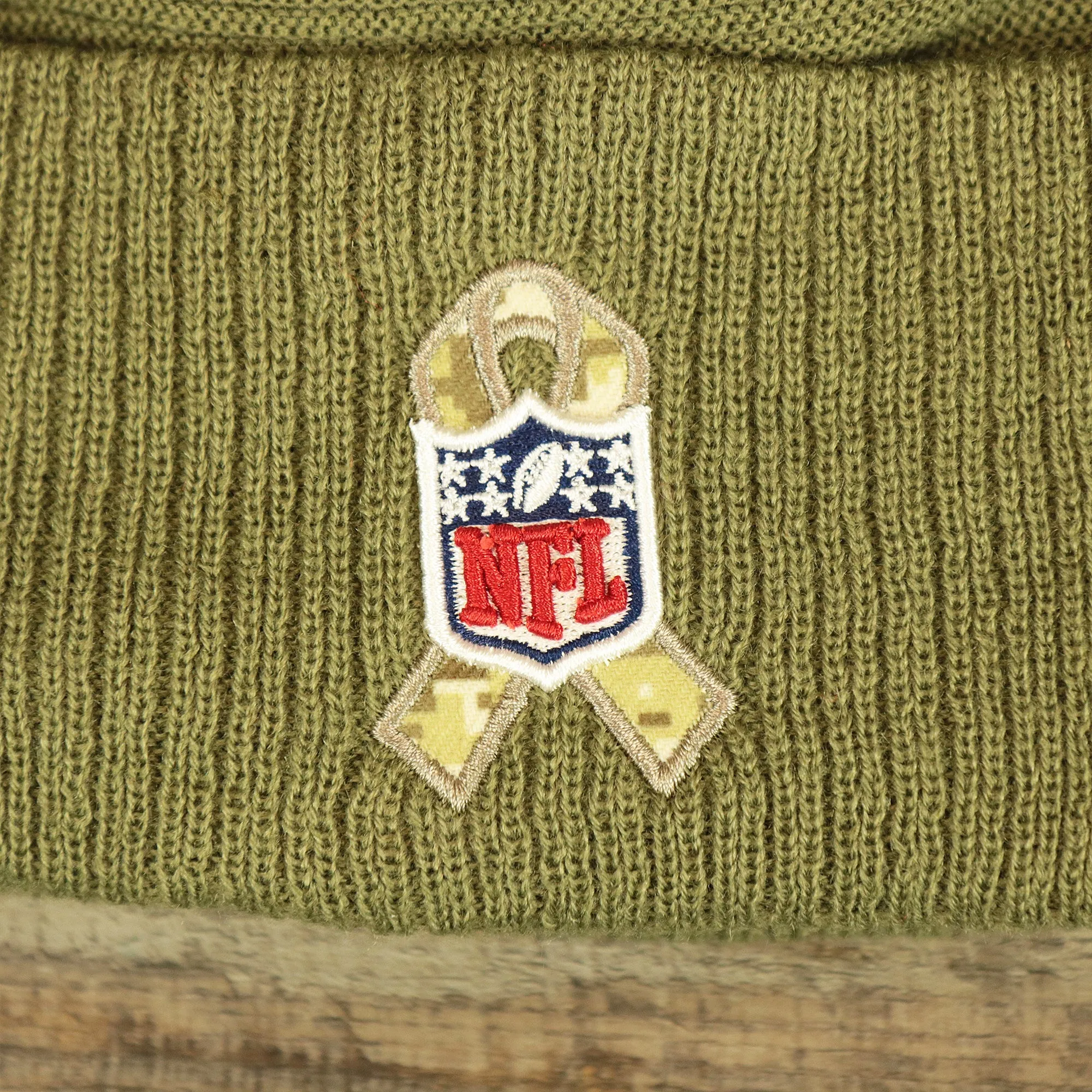 Dallas Cowboys Salute To Service Ribbon Rubber Military Cowboys Patch On Field NFL Beanie | Military Green Beanie