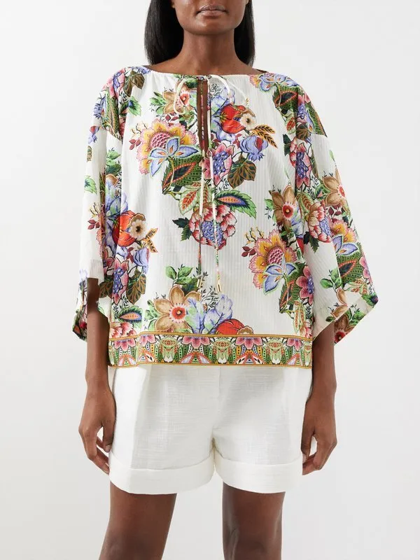 ETRO  |Flower Patterns Casual Style Silk Cropped Long Sleeves