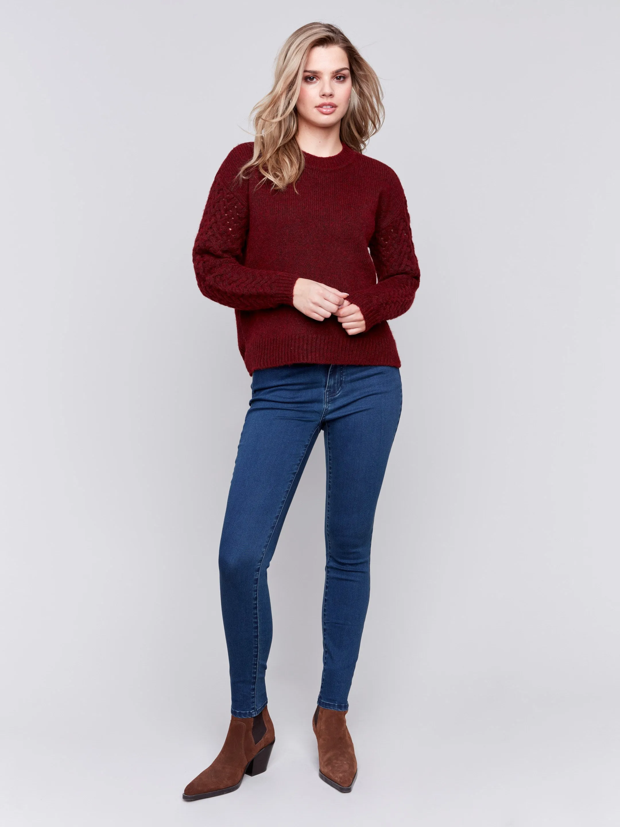 Fishnet Sleeve Crew Neck Sweater - Cabernet