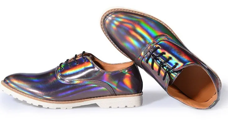 Grey Holographic Laser Mirror Lace Up Mens Oxfords Dress Shoes