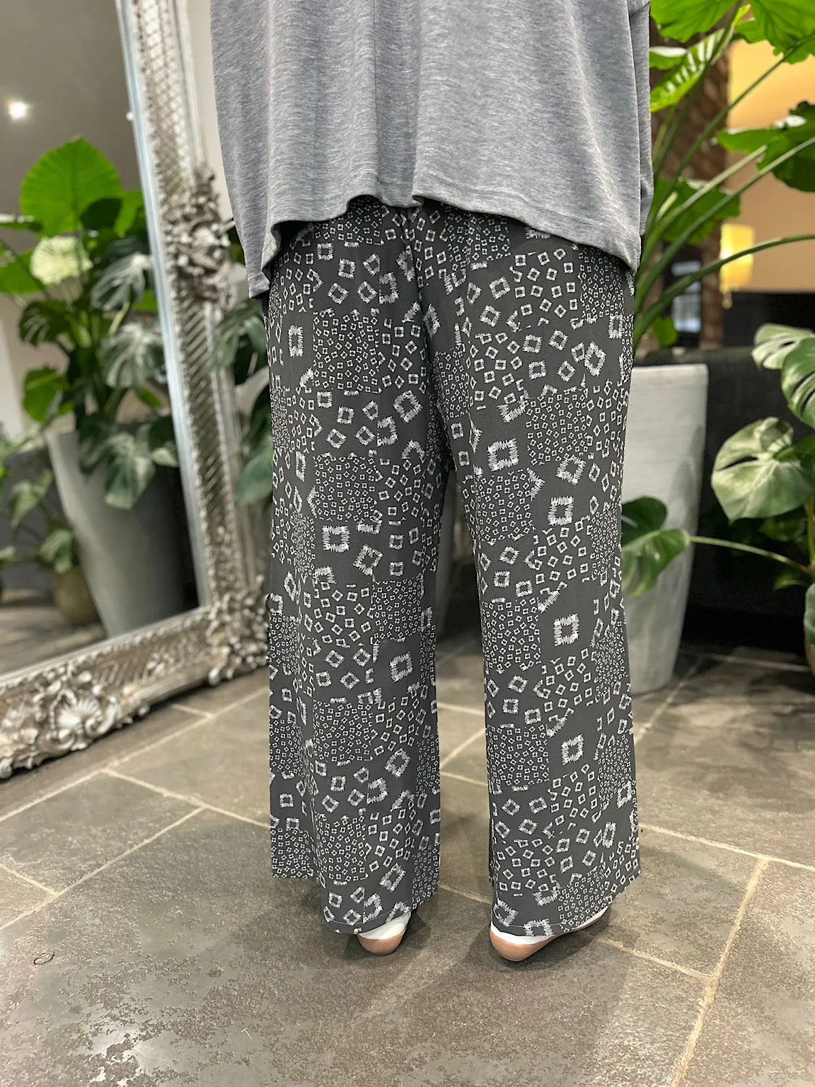 Grey Square Pattern Wide Leg Trousers