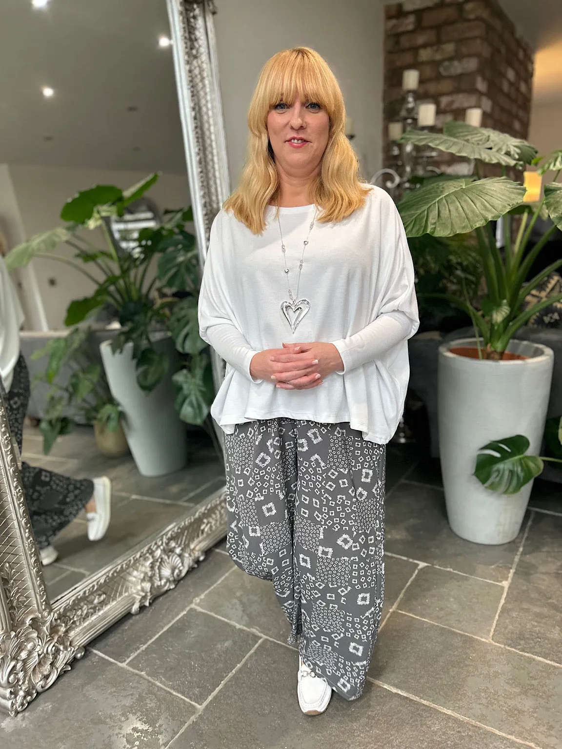 Grey Square Pattern Wide Leg Trousers