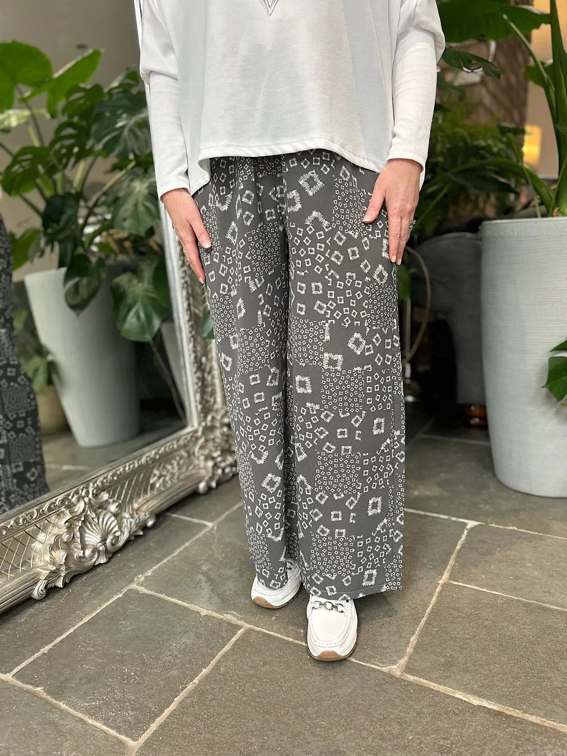 Grey Square Pattern Wide Leg Trousers