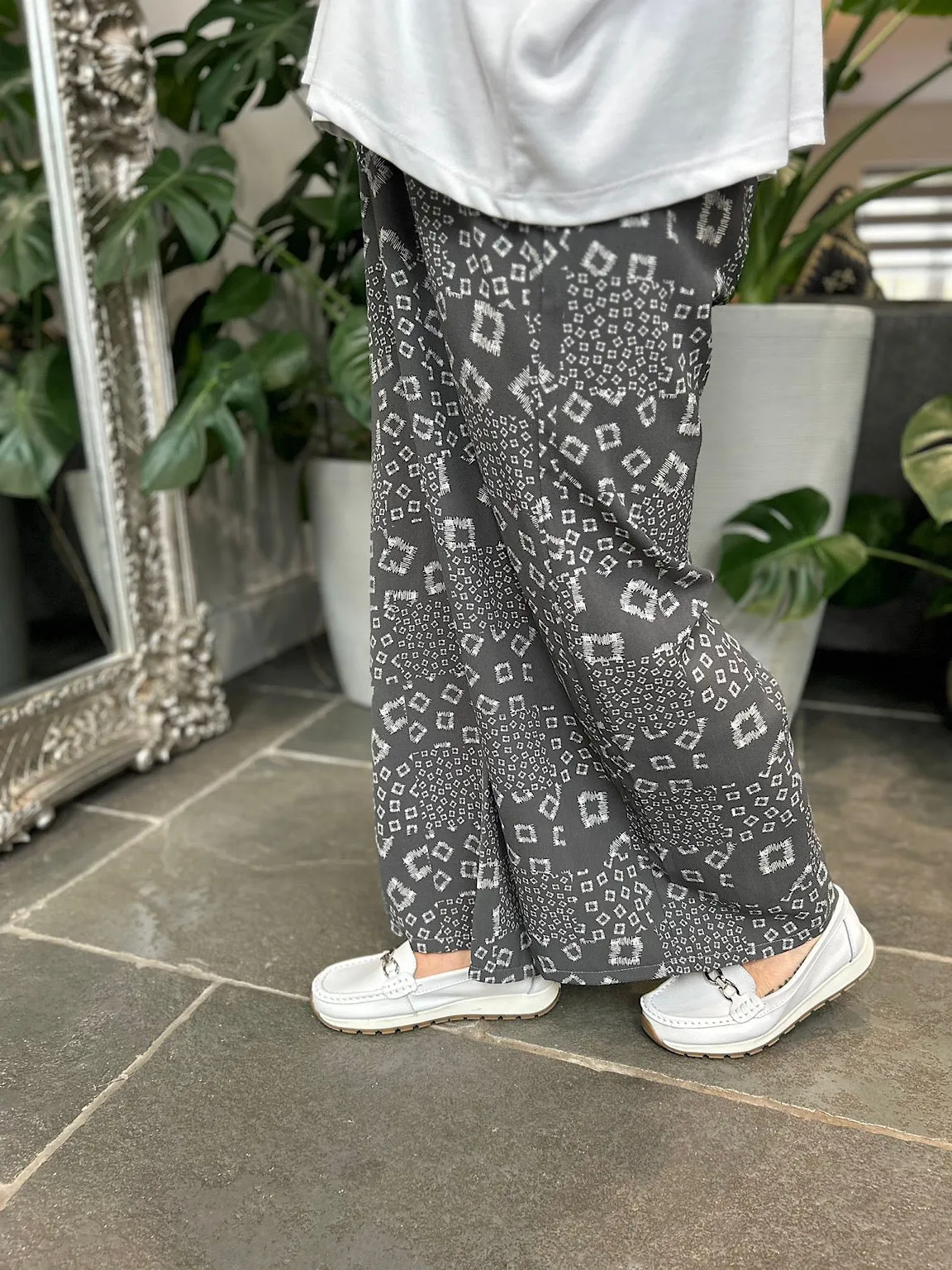 Grey Square Pattern Wide Leg Trousers