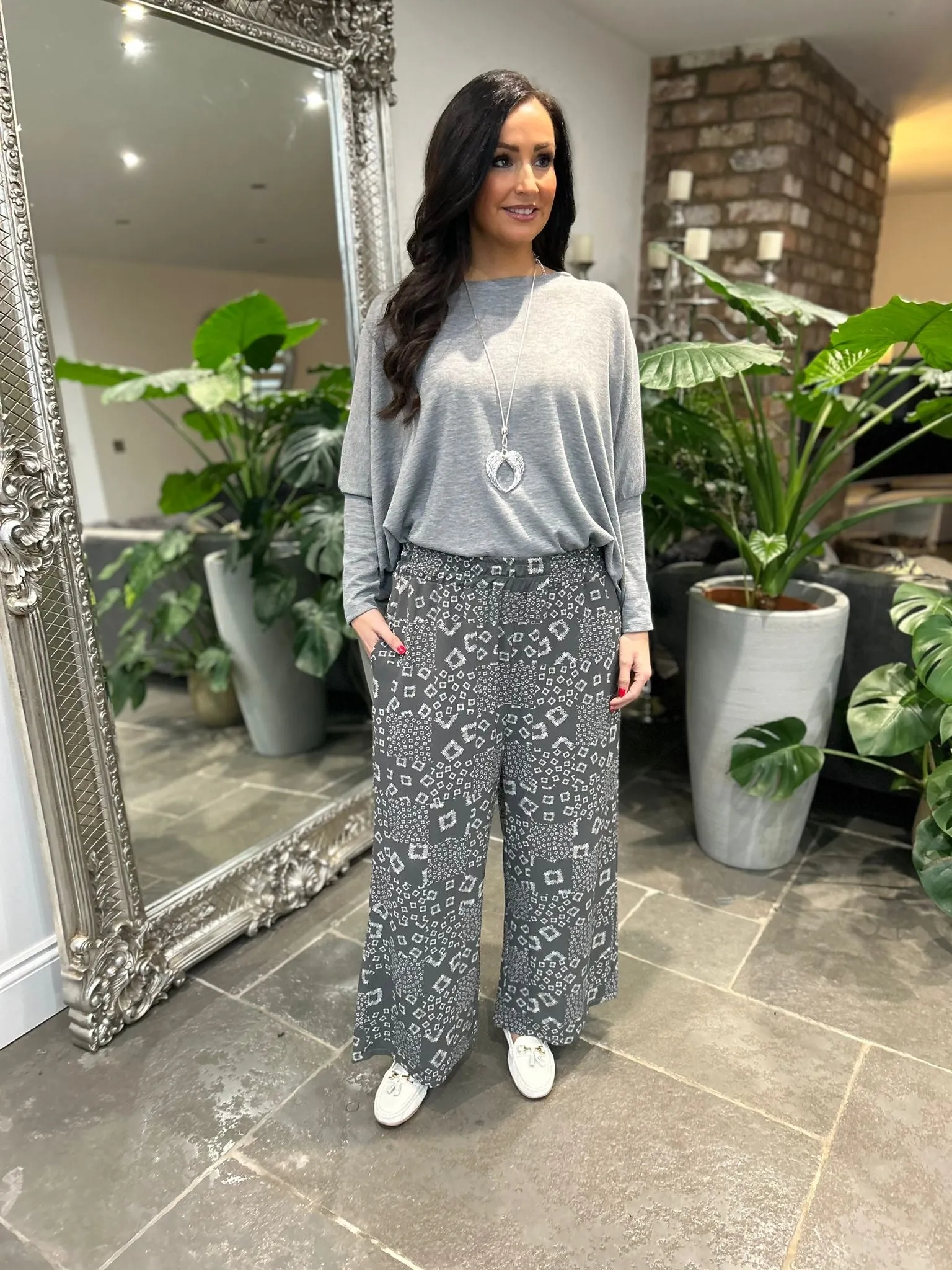 Grey Square Pattern Wide Leg Trousers