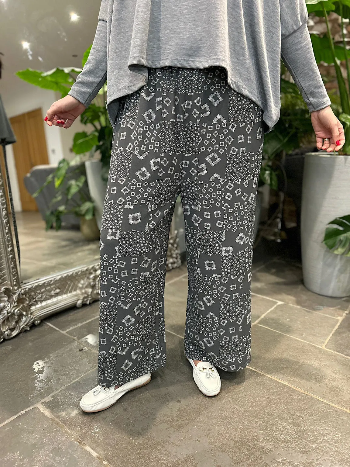 Grey Square Pattern Wide Leg Trousers