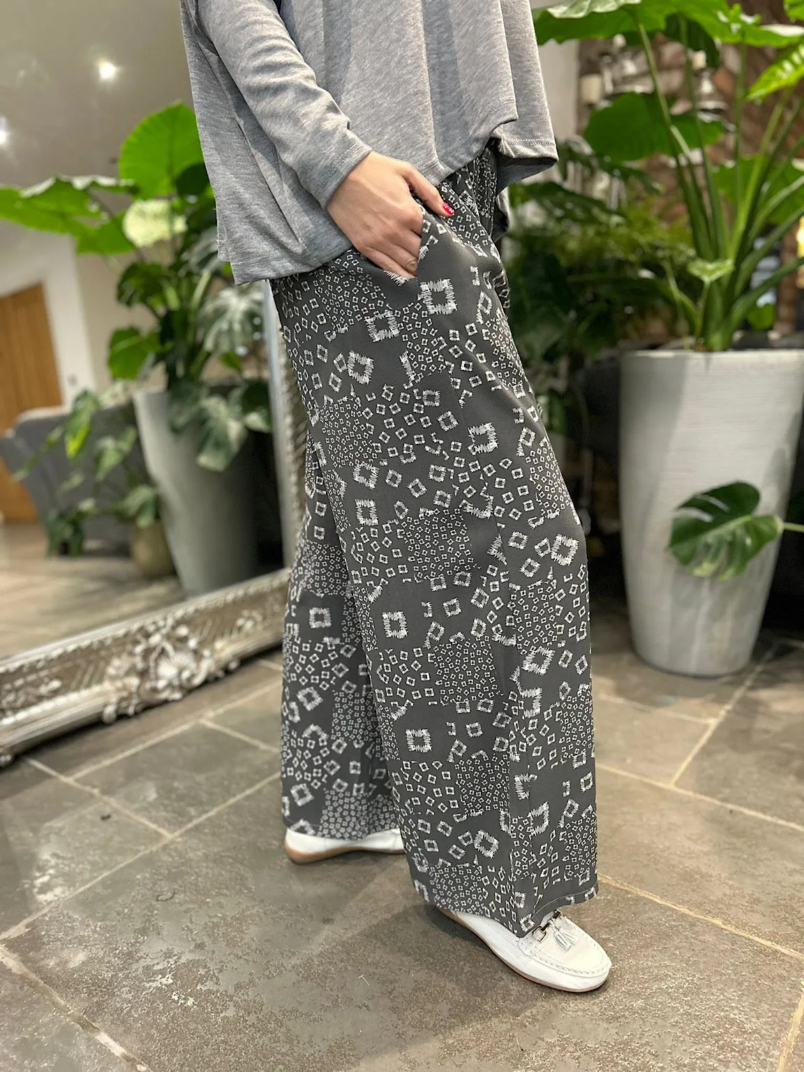 Grey Square Pattern Wide Leg Trousers