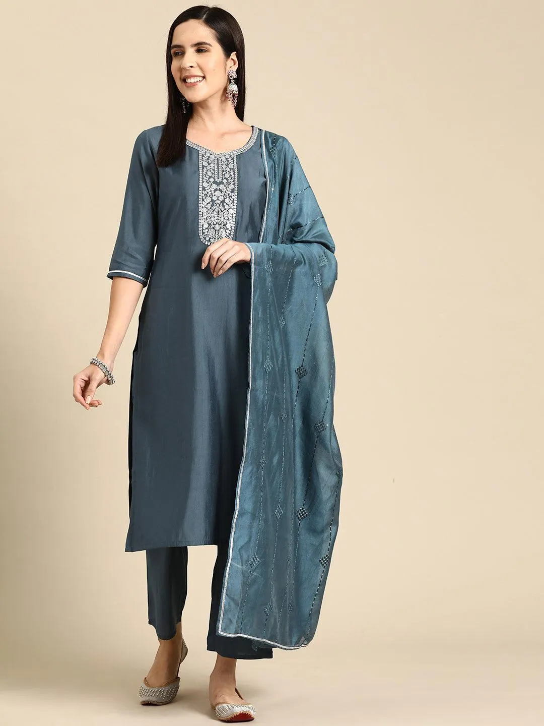 Grey Yoke Design Silk Blend Straight Suit With Dupatta