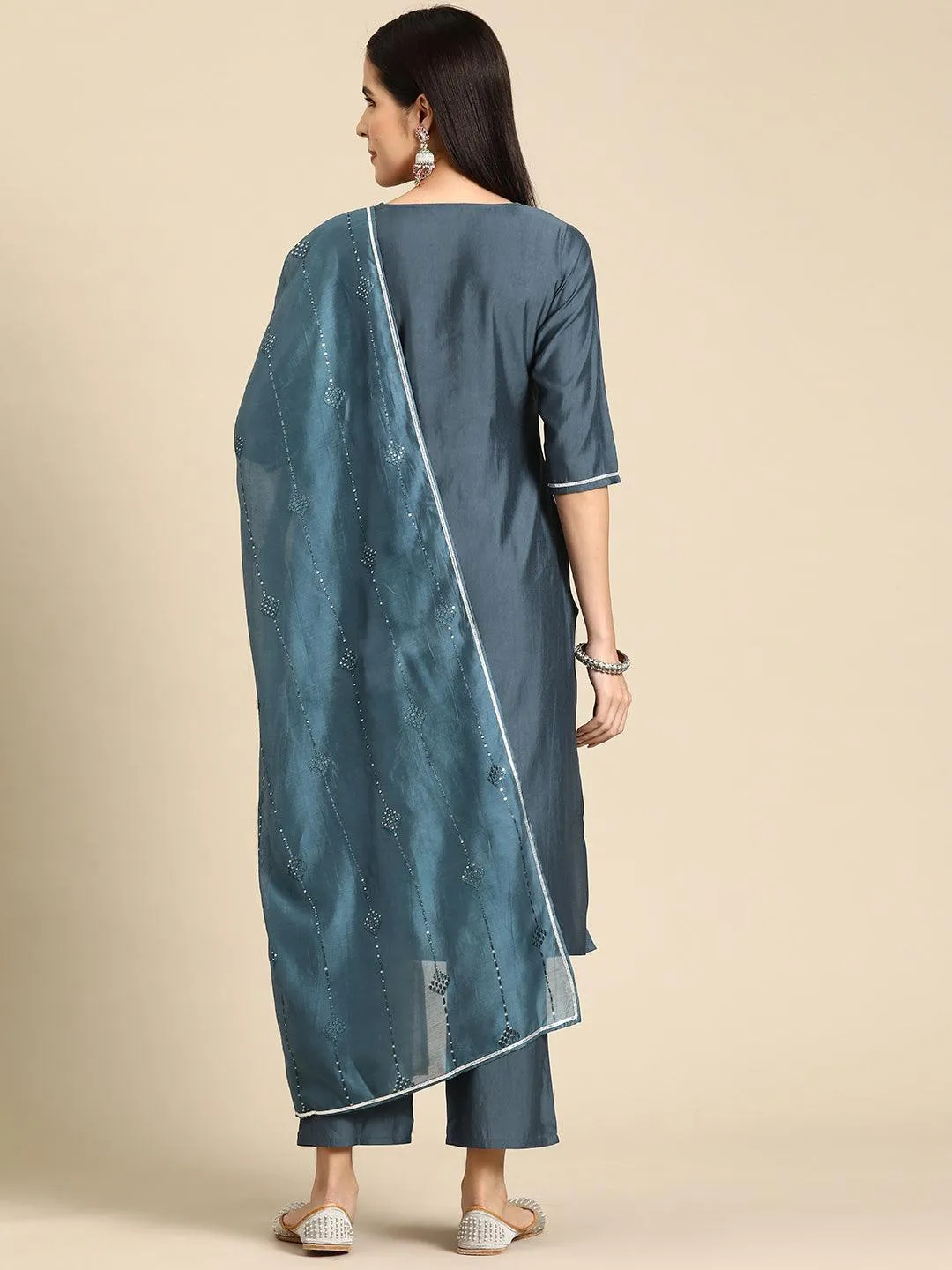 Grey Yoke Design Silk Blend Straight Suit With Dupatta