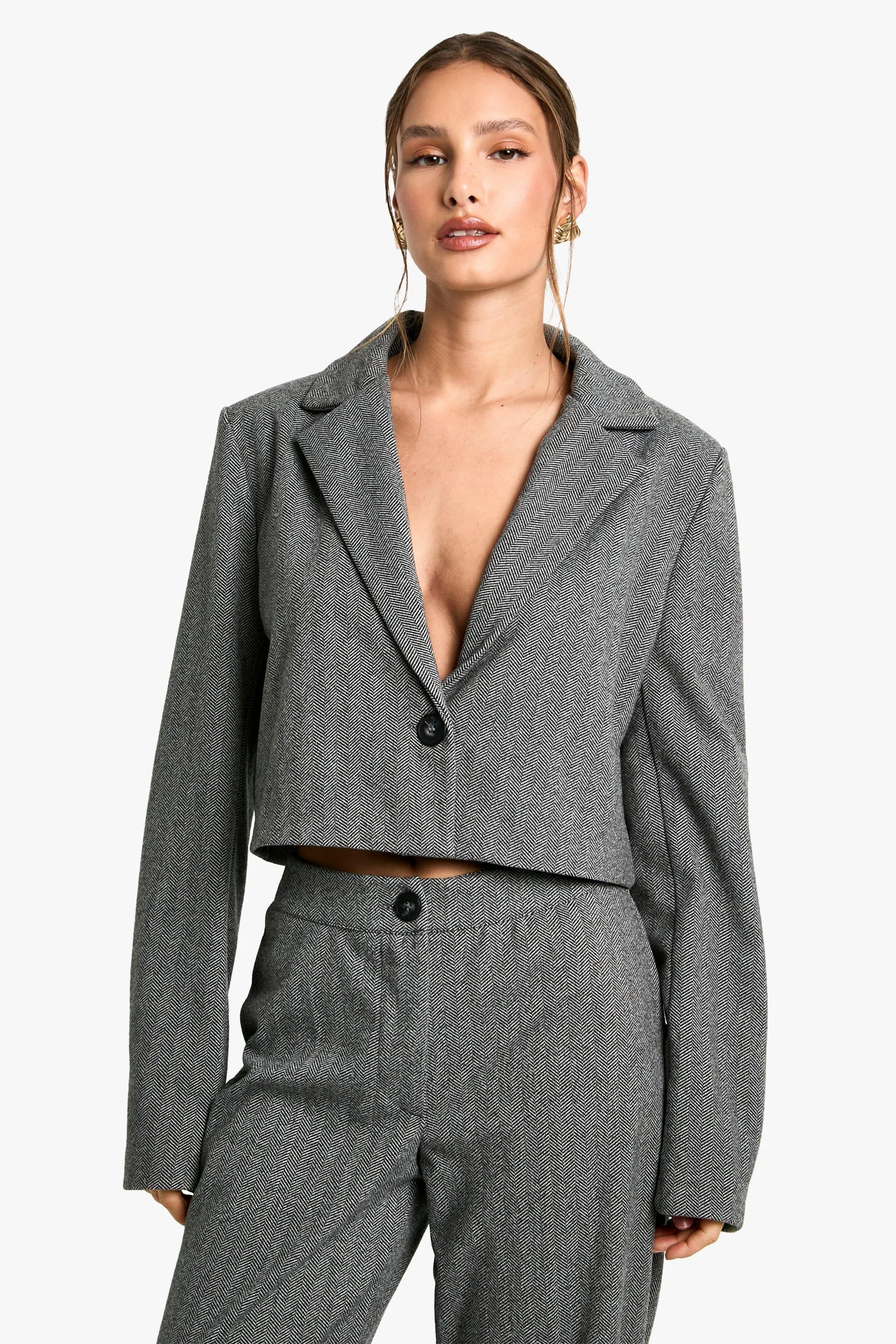 Herringbone Tailored Cropped Blazer