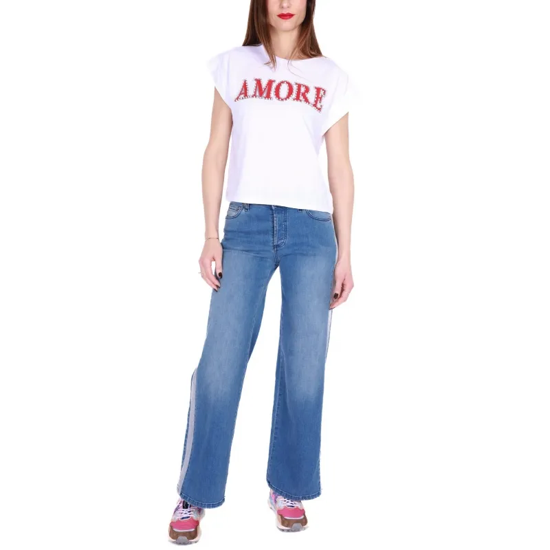 JEANS A PALAZZO CON BANDE LATERALI, BLU