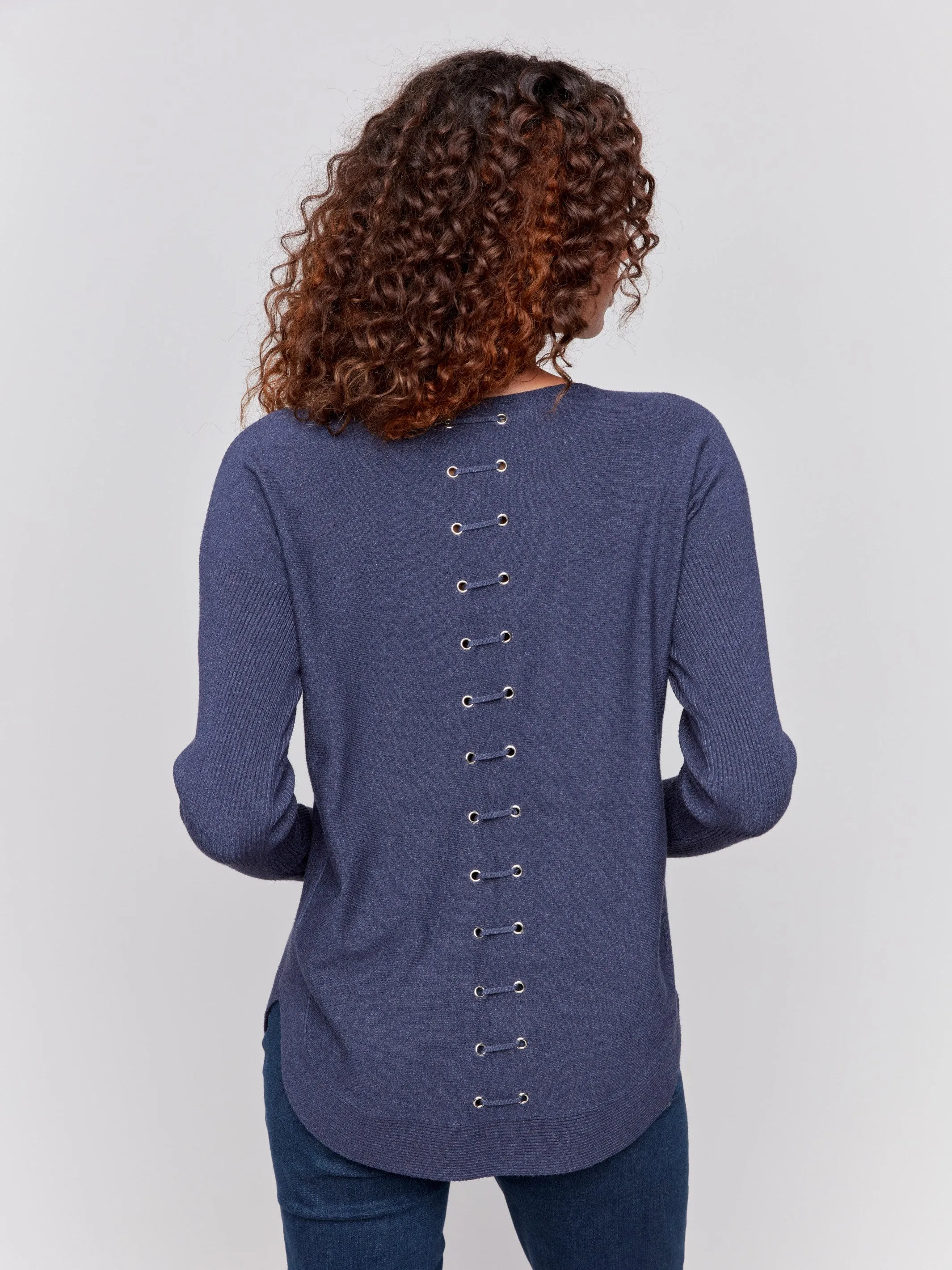 Knit Sweater with Back Detail Lace-Up - Denim