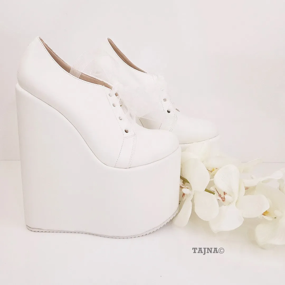 Lace Up Platform White Wedge Bridal Shoes