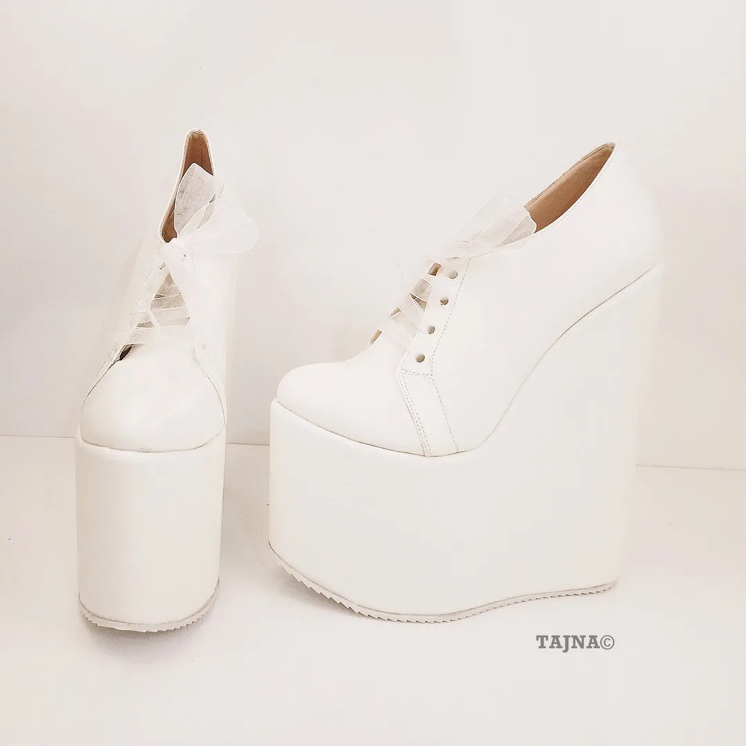 Lace Up Platform White Wedge Bridal Shoes