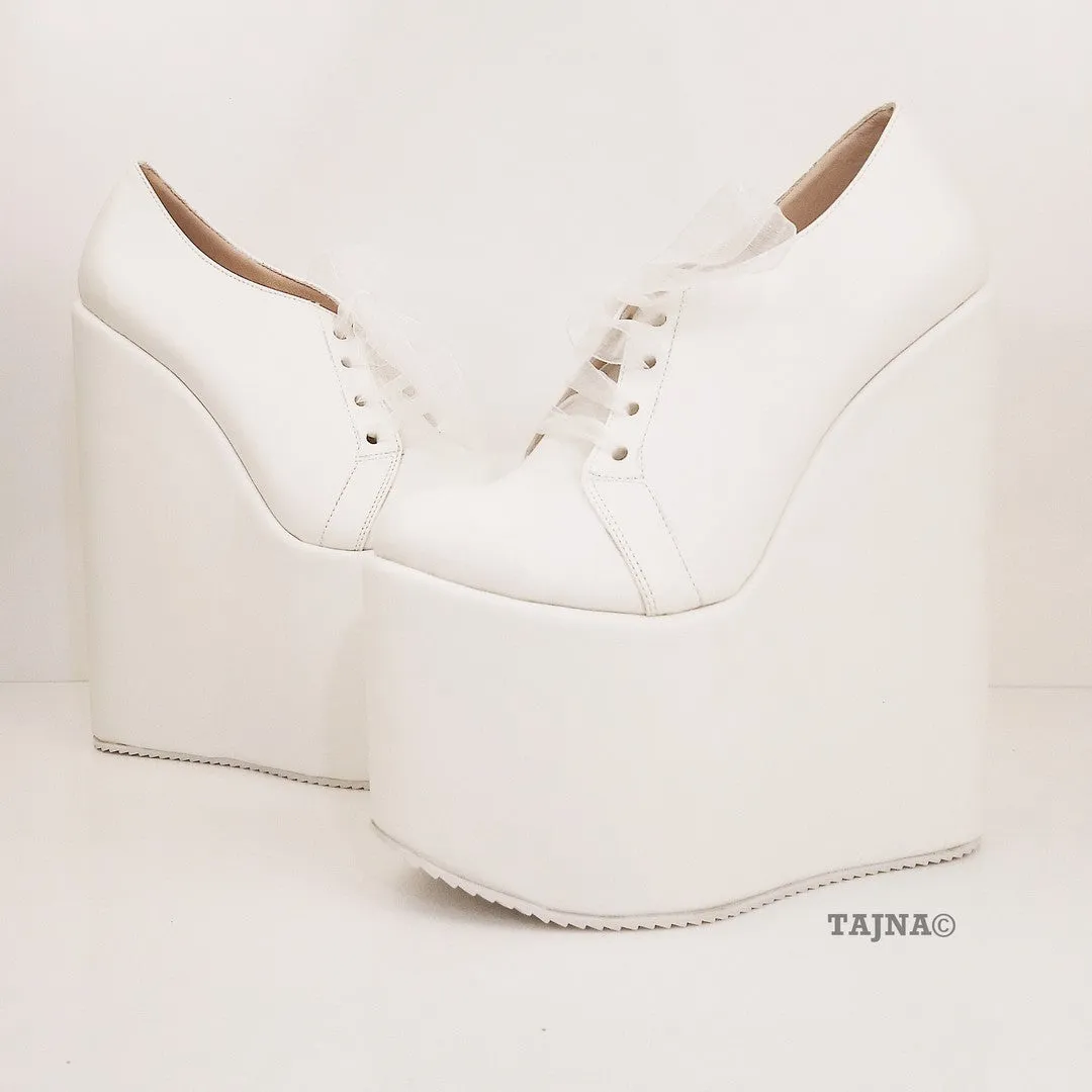 Lace Up Platform White Wedge Bridal Shoes