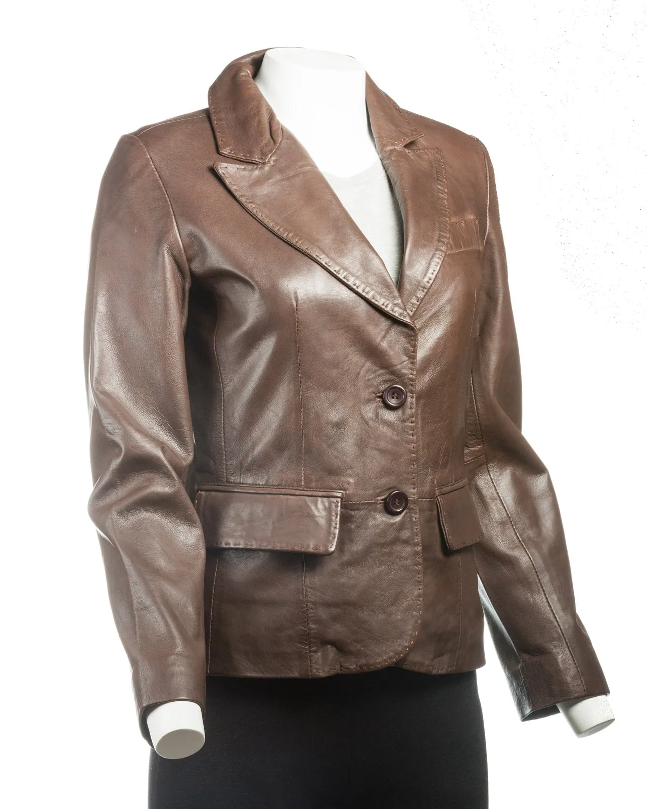 Ladies Brown Short Two Button Leather Blazer: Bella