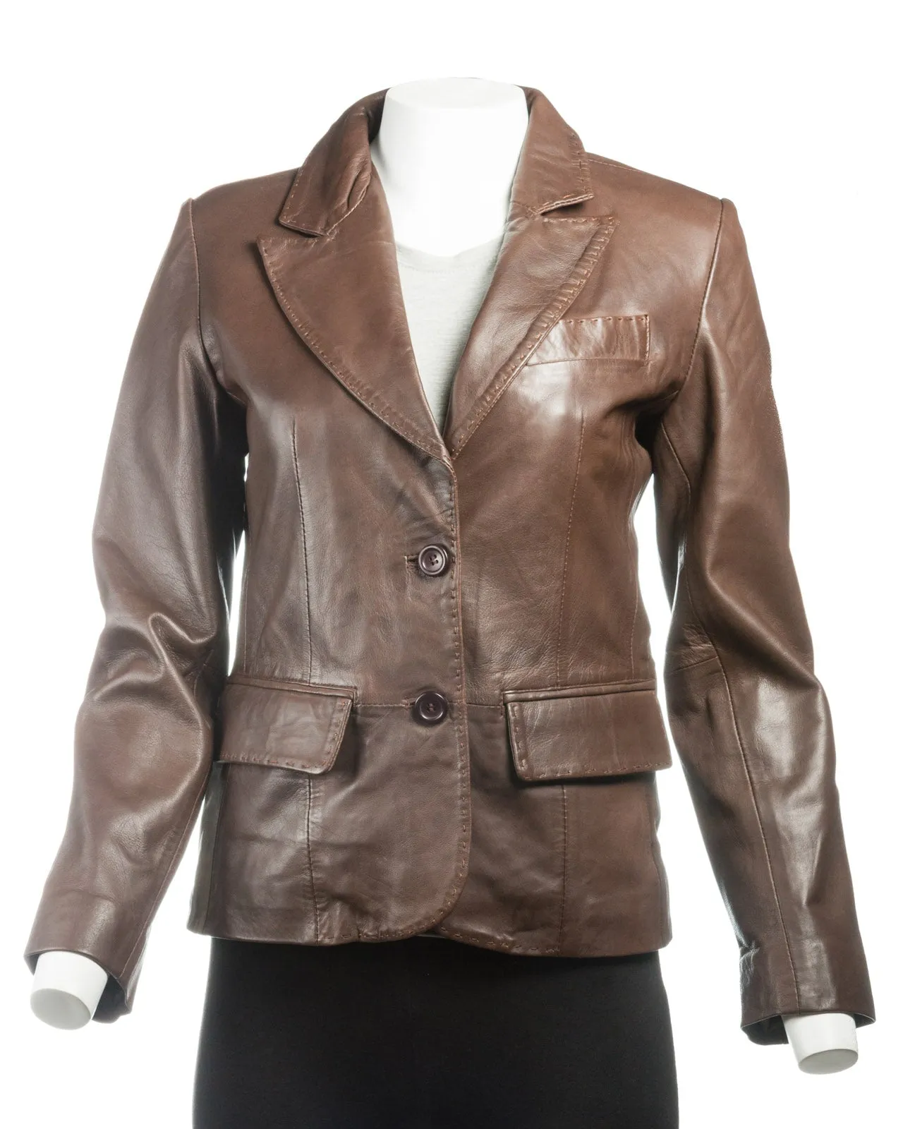 Ladies Brown Short Two Button Leather Blazer: Bella