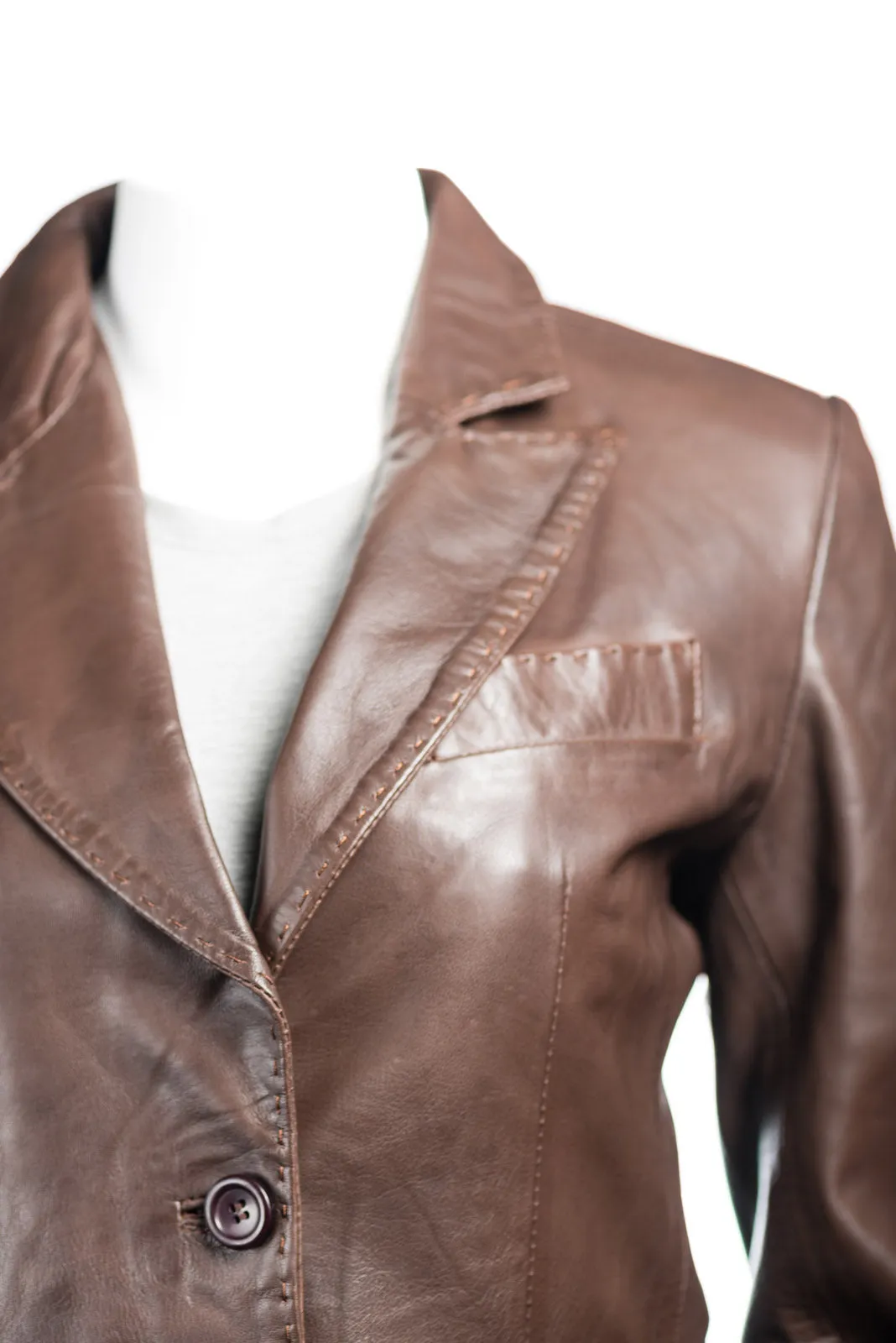 Ladies Brown Short Two Button Leather Blazer: Bella