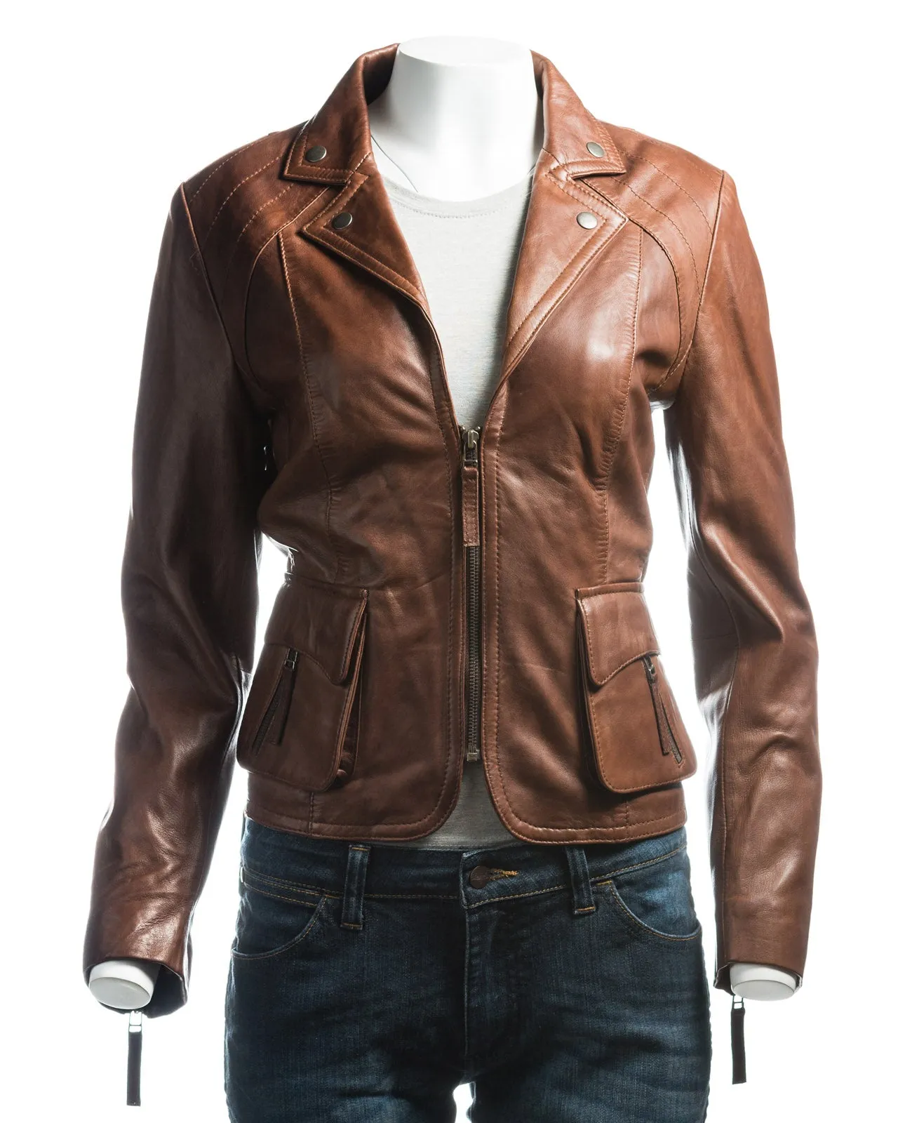 Ladies Short Blazer Style Zipped Leather Jacket: Marissa