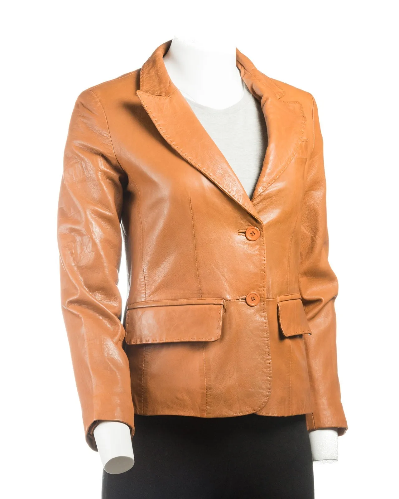 Ladies Tan Short Two Button Leather Blazer: Bella