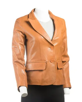 Ladies Tan Short Two Button Leather Blazer: Bella