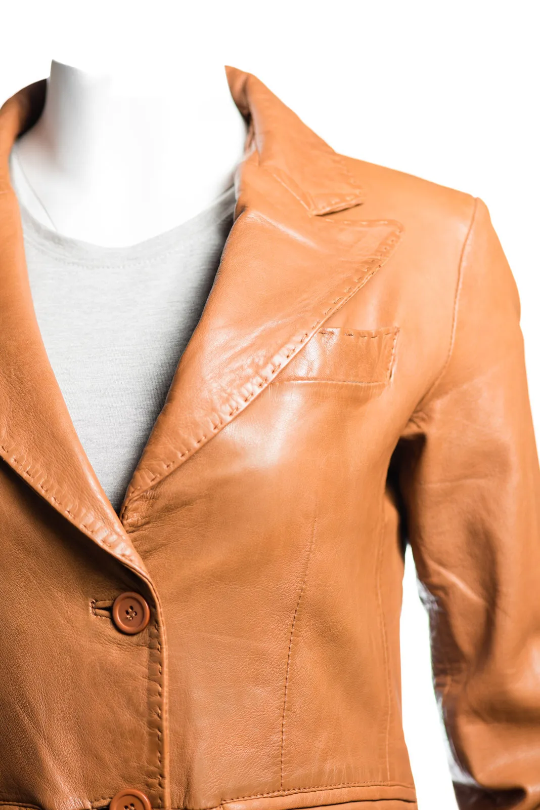 Ladies Tan Short Two Button Leather Blazer: Bella