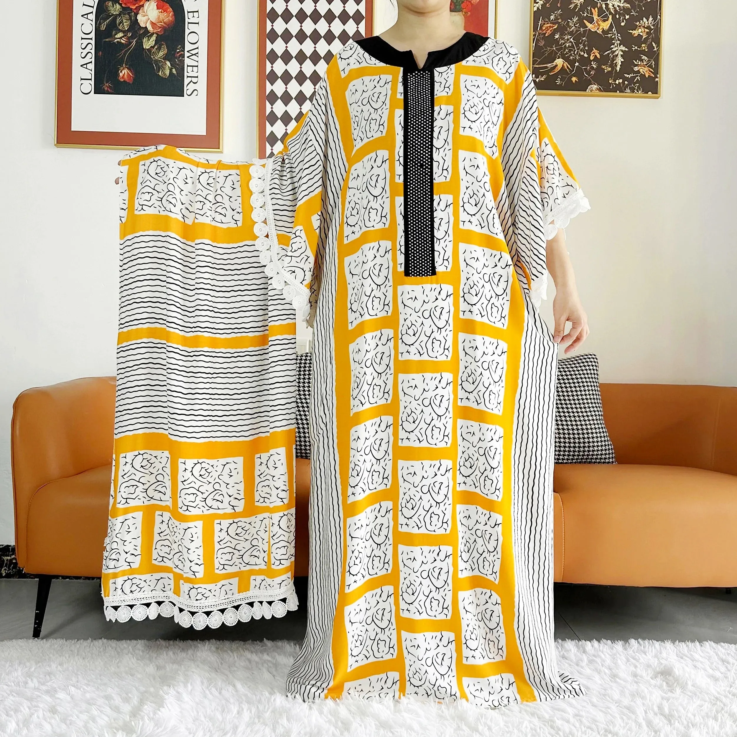 Lady Abaya Dress with Big Scarf Cotton Wave Point Printed