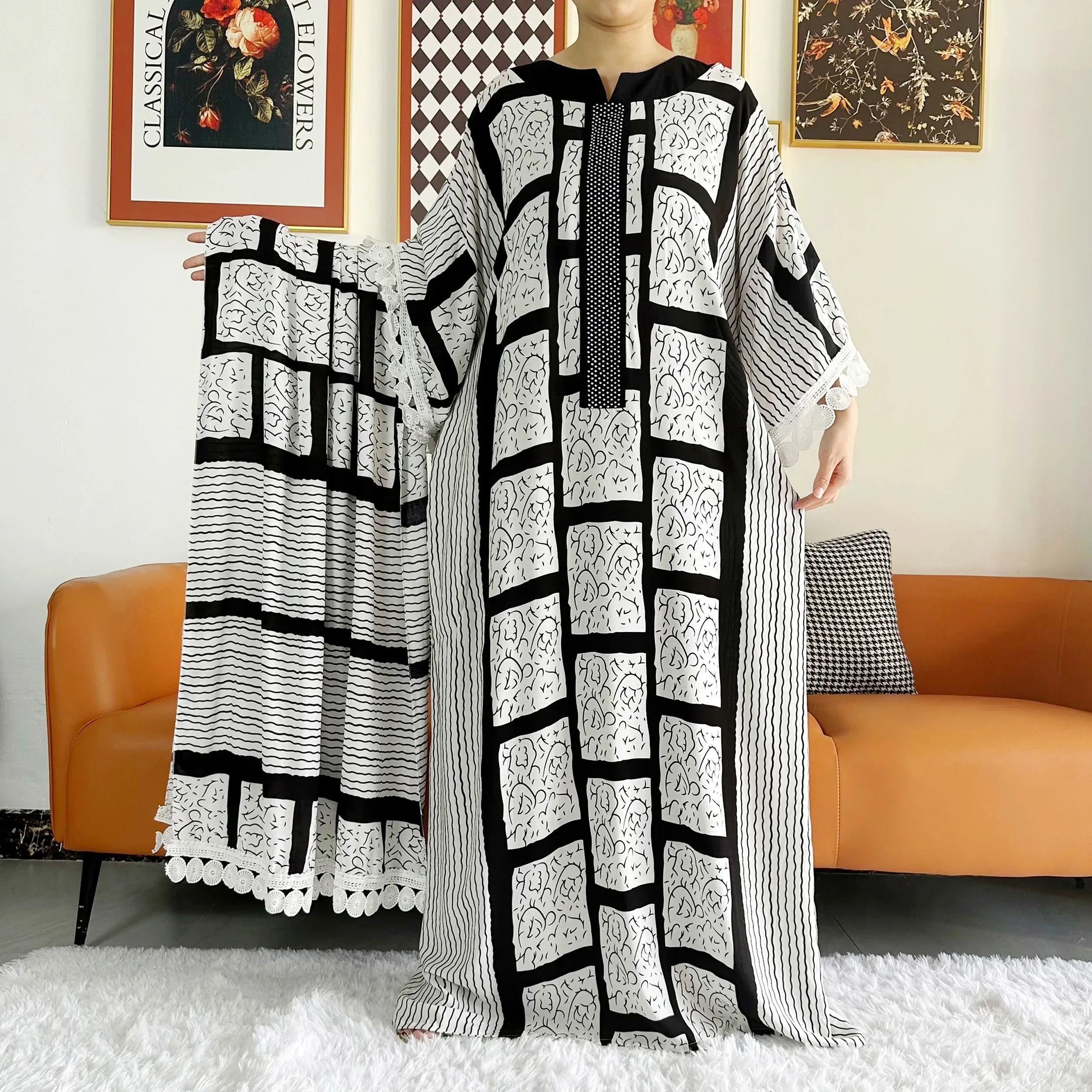 Lady Abaya Dress with Big Scarf Cotton Wave Point Printed