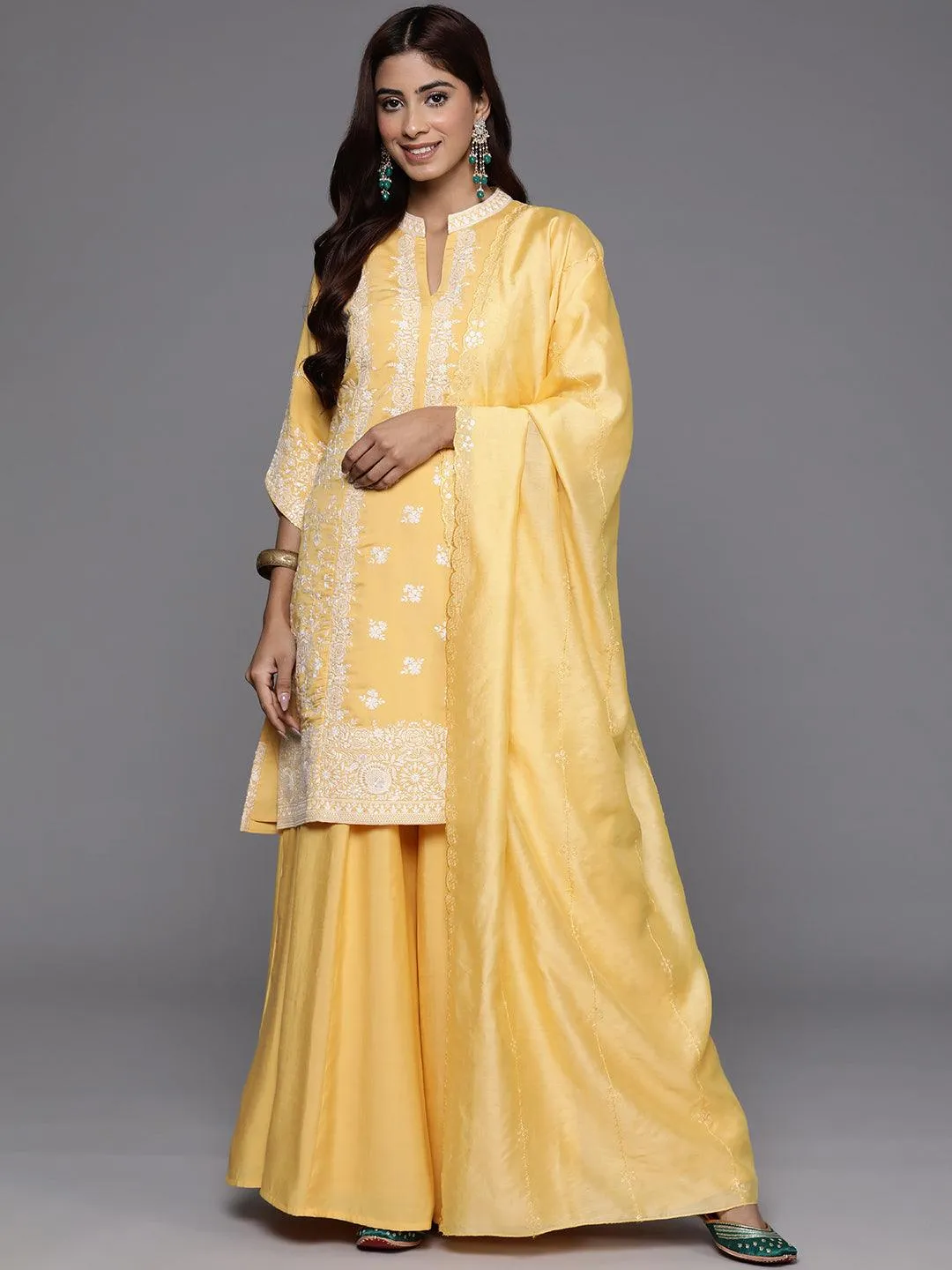 Libas Art Yellow Embroidered Silk Blend Straight Suit With Dupatta