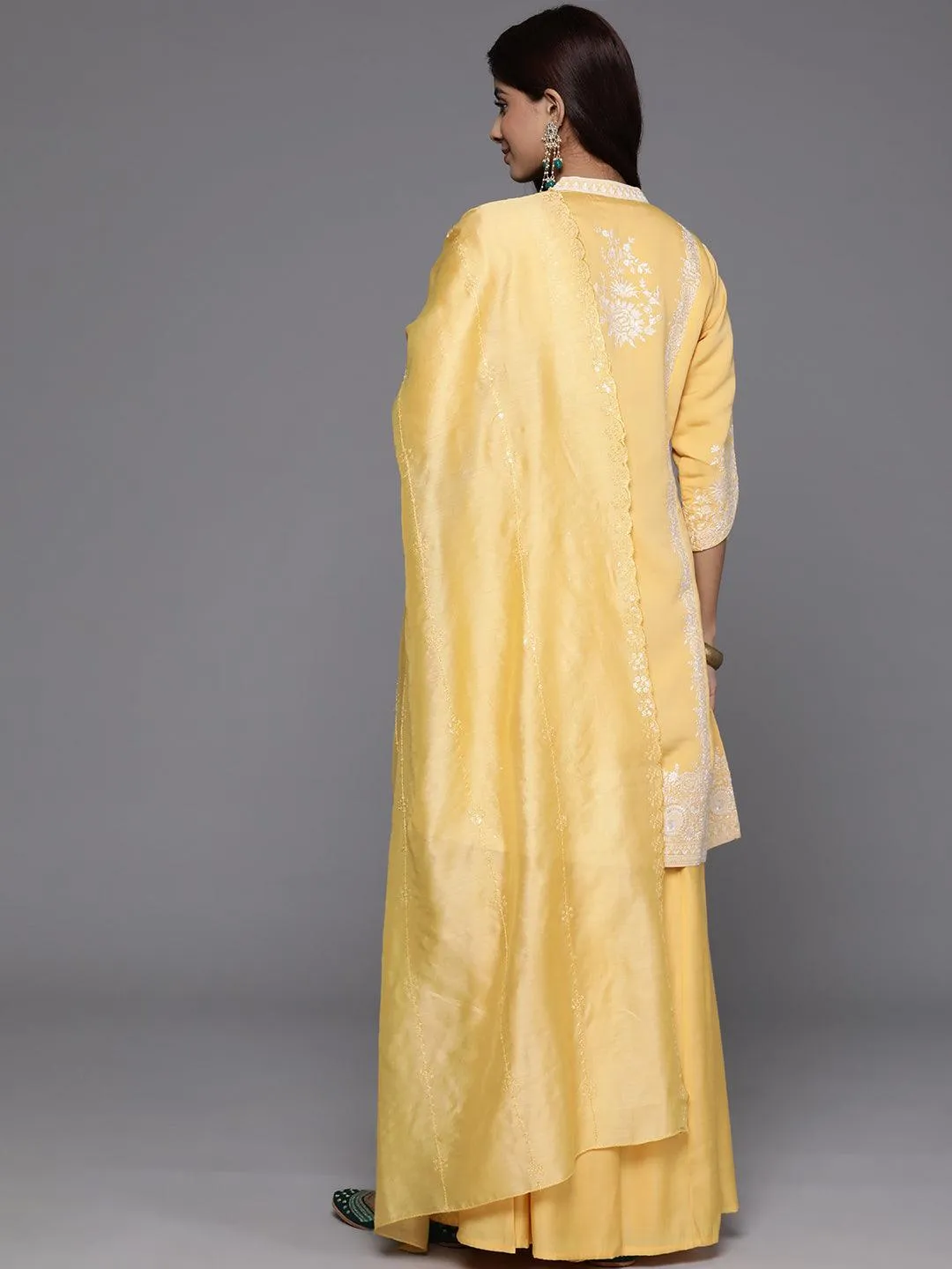 Libas Art Yellow Embroidered Silk Blend Straight Suit With Dupatta