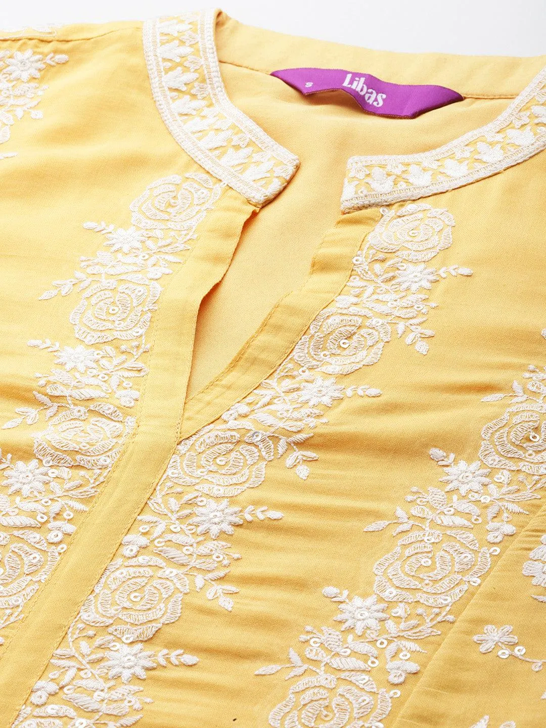 Libas Art Yellow Embroidered Silk Blend Straight Suit With Dupatta