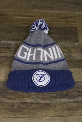 Lightning Beanie | Tampa Bay Lightning Mitchell and Ness Oversized Patch Logo Pom Gray / Blue Beanie